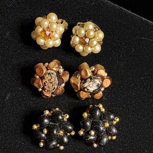 Vintage-Inspired Cluster Pearl and Bead Earrings Set - Gold, Copper, Black